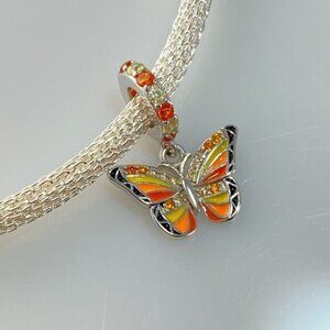 Sterling Silver Yellow Orange Black Cubic Zirconia Butterfly Dangle Charm